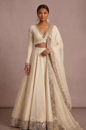 Ivory Embroidered Satin Linen Lehenga Set
