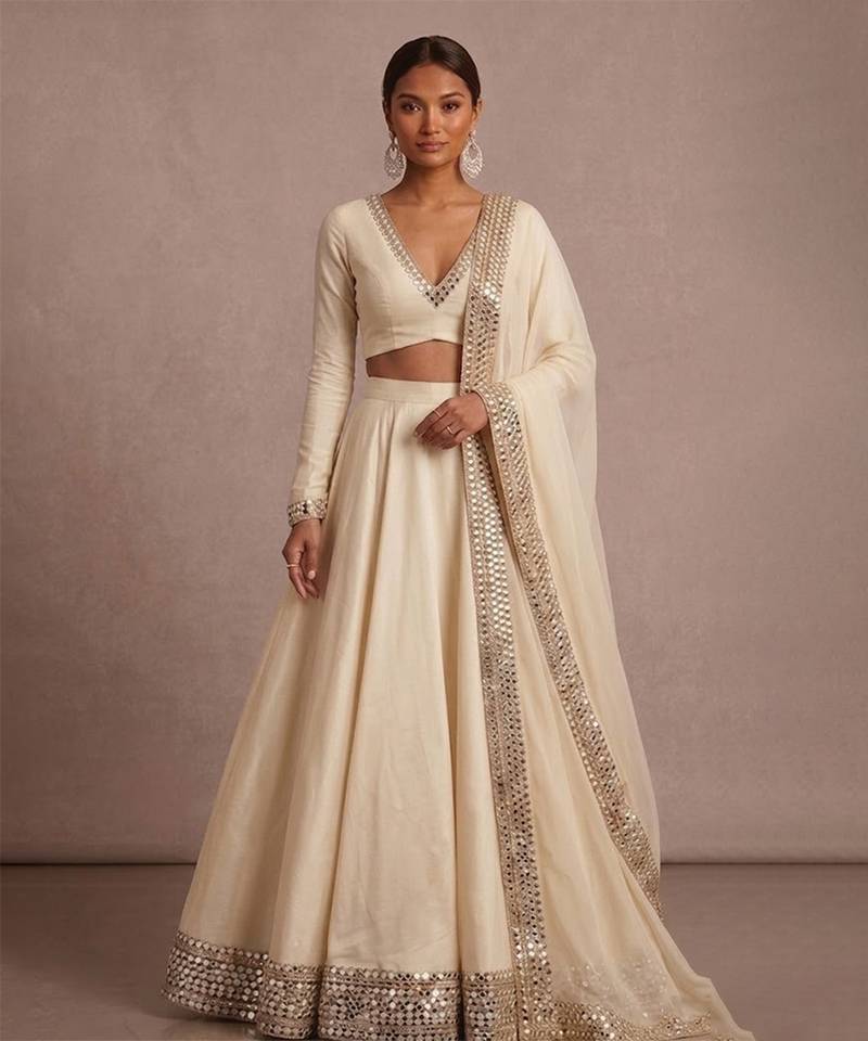 Ivory Embroidered Satin Linen Lehenga Set