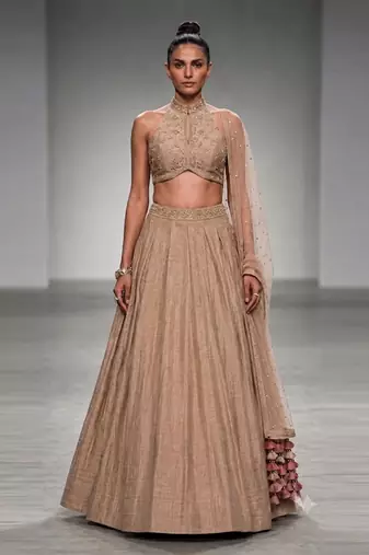 Beige Embroidered Pure Raw Silk Lehenga Set