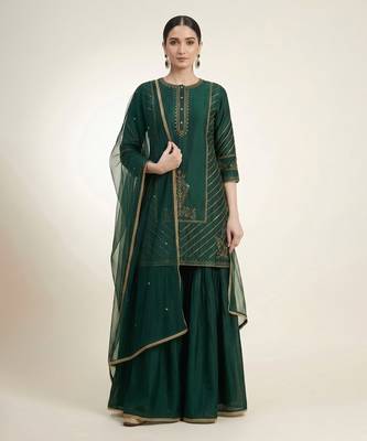 Emerald green embroidered dupion silk sharara set 1