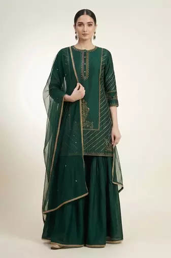 Emerald green embroidered dupion silk sharara set