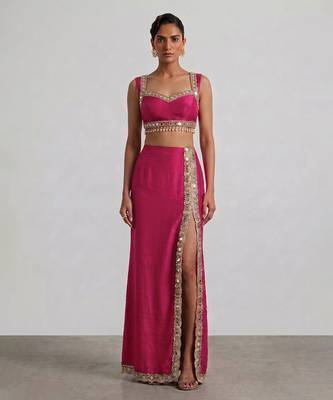 Hot pink embroidered dupion silk co ord set 1