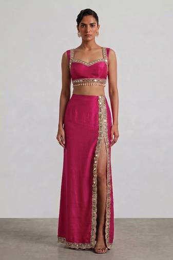 Hot pink embroidered dupion silk co ord set