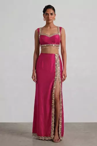 Hot pink embroidered dupion silk co ord set