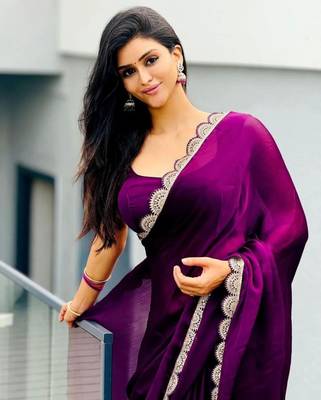 Purple Color Emebroidered Lace Border Orangza Saree 1
