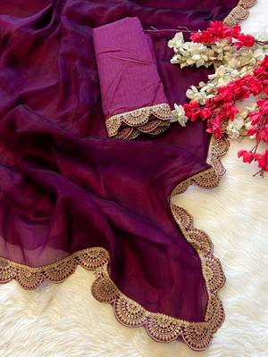 Purple Color Emebroidered Lace Border Orangza Saree 2