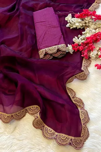 Purple Color Emebroidered Lace Border Orangza Saree