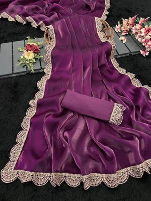 Purple Color Emebroidered Lace Border Orangza Saree 3