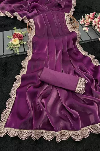 Purple Color Emebroidered Lace Border Orangza Saree