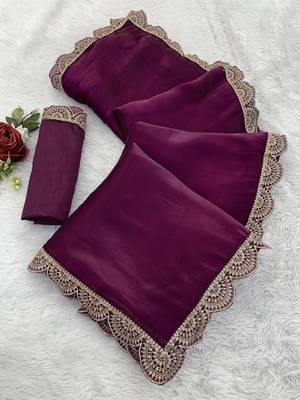 Purple Color Emebroidered Lace Border Orangza Saree 4