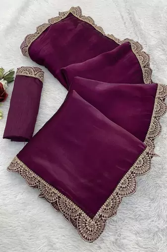 Purple Color Emebroidered Lace Border Orangza Saree