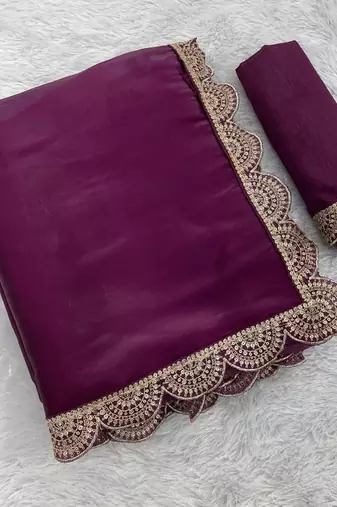 Purple Color Emebroidered Lace Border Orangza Saree