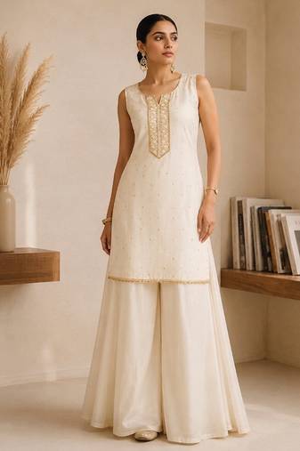 Ivory embroidered georgette co ord set