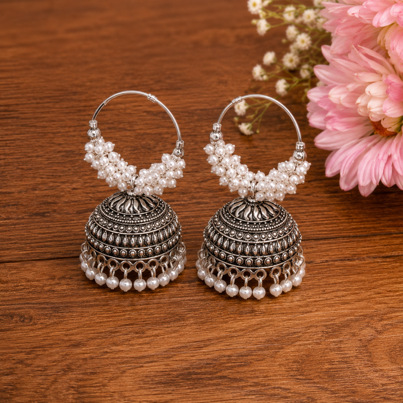 Oxidised silver pearl hoops