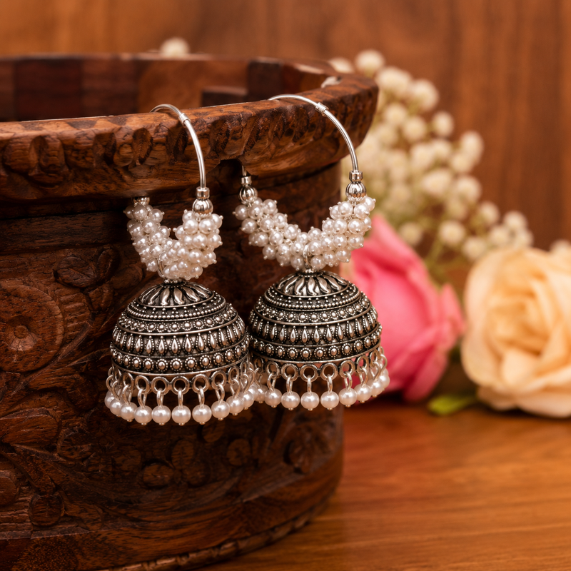 Oxidised silver pearl hoops