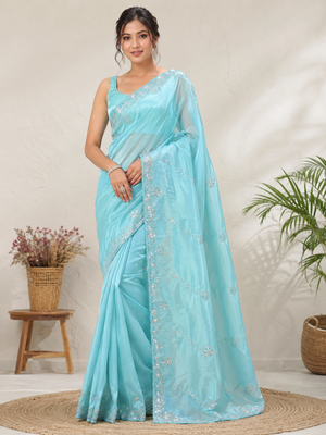 Sky Blue Color Original beeds work Silk Blend Saree 1