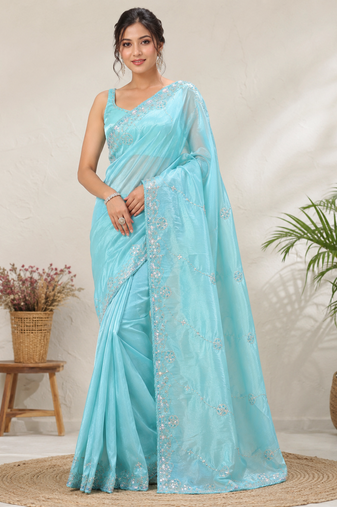 Sky Blue Color Original beeds work Silk Blend Saree
