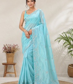 Sky Blue Color Original beeds work Silk Blend Saree