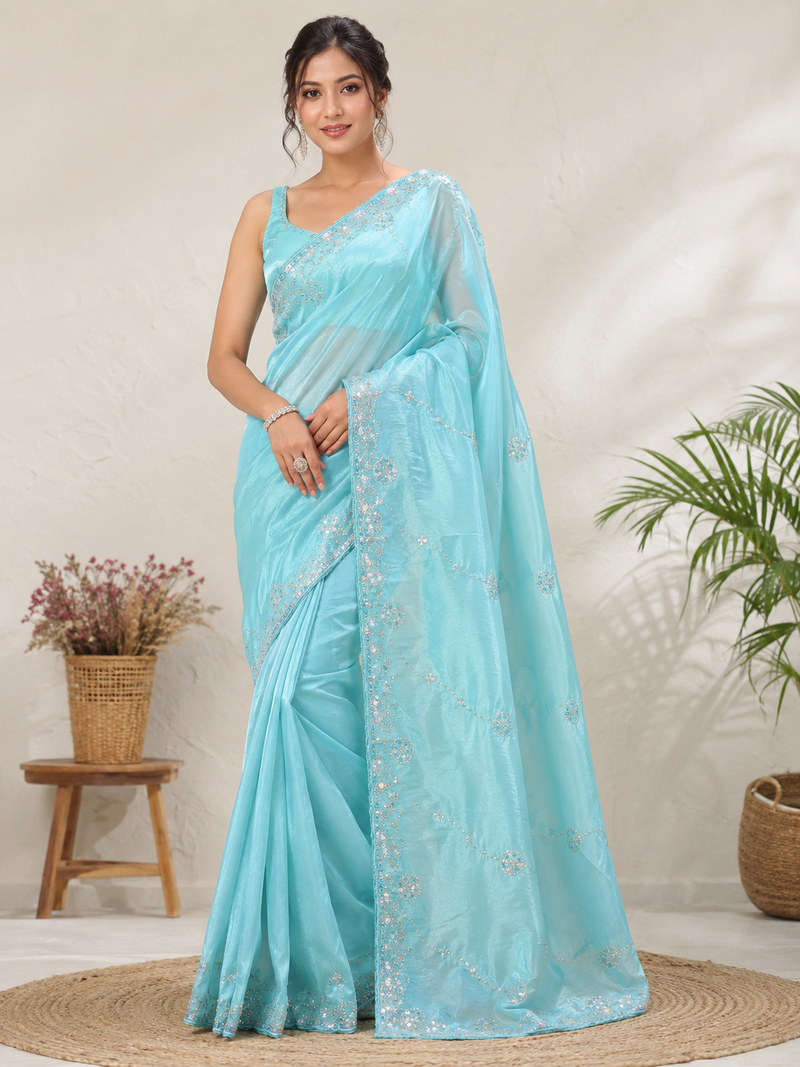 Sky Blue Color Original beeds work Silk Blend Saree