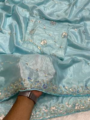 Sky Blue Color Original beeds work Silk Blend Saree 2