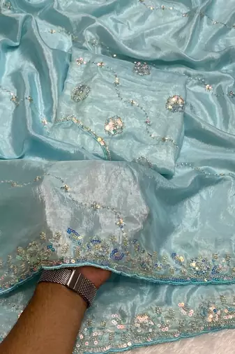 Sky Blue Color Original beeds work Silk Blend Saree