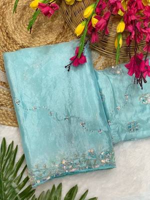 Sky Blue Color Original beeds work Silk Blend Saree 3