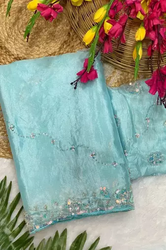 Sky Blue Color Original beeds work Silk Blend Saree