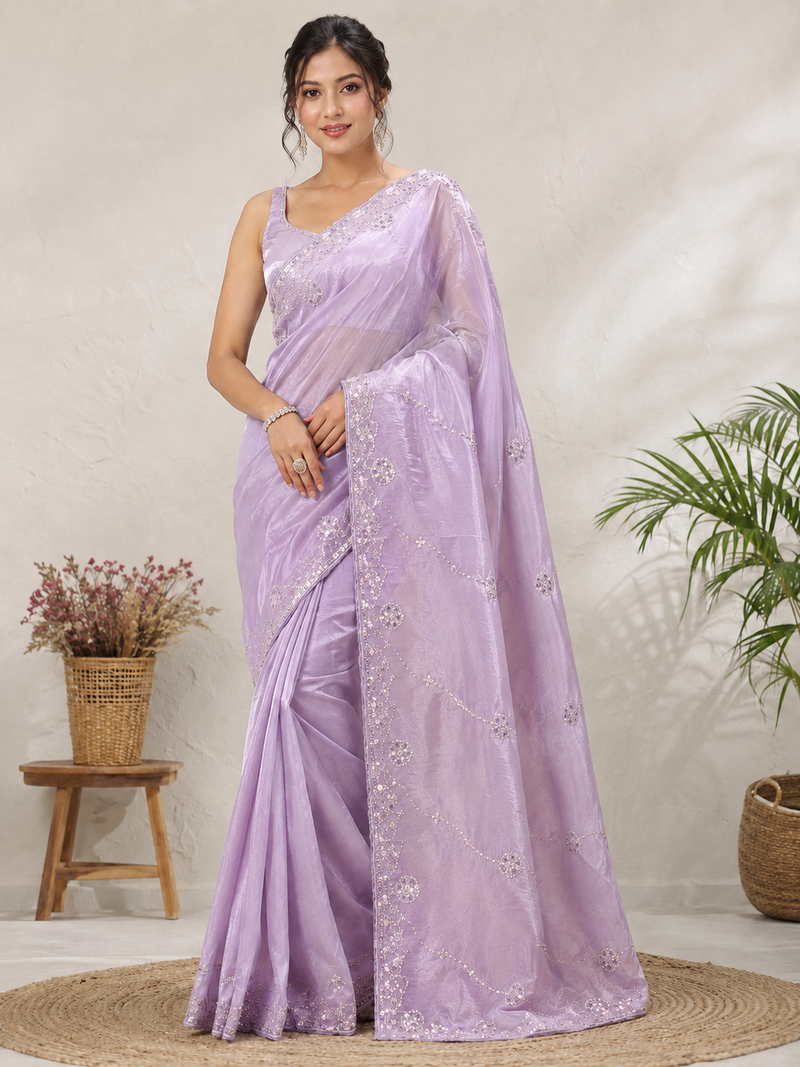 Lavender Color Original beeds work Silk Blend Saree
