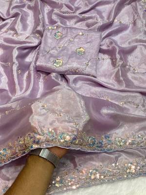 Lavender Color Original beeds work Silk Blend Saree 2