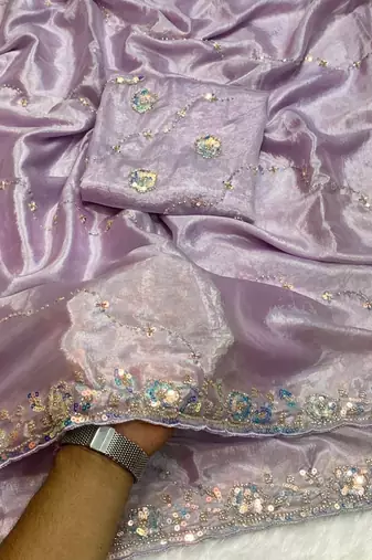 Lavender Color Original beeds work Silk Blend Saree