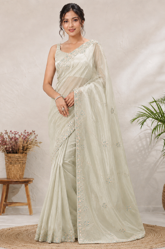 Off White Color Original beeds work Silk Blend Saree