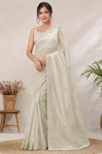 Off White Color Original beeds work Silk Blend Saree