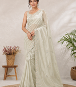 Off White Color Original beeds work Silk Blend Saree
