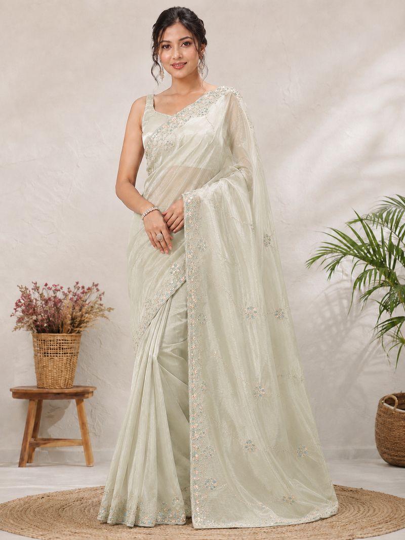 Off White Color Original beeds work Silk Blend Saree
