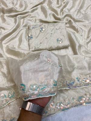 Off White Color Original beeds work Silk Blend Saree 2