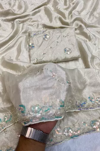 Off White Color Original beeds work Silk Blend Saree