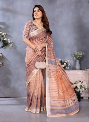 brown digital printed work cotton blend saree 1
