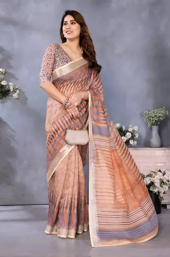 brown digital printed work cotton blend saree