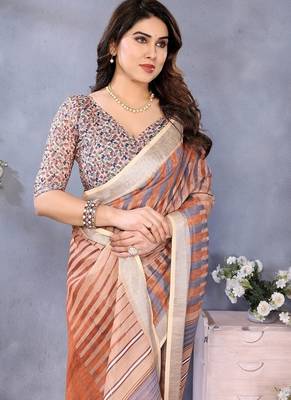 brown digital printed work cotton blend saree 2