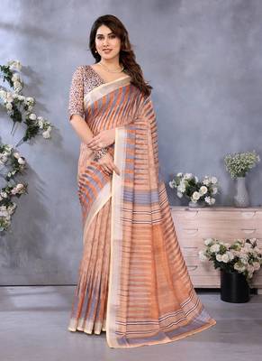 brown digital printed work cotton blend saree 3