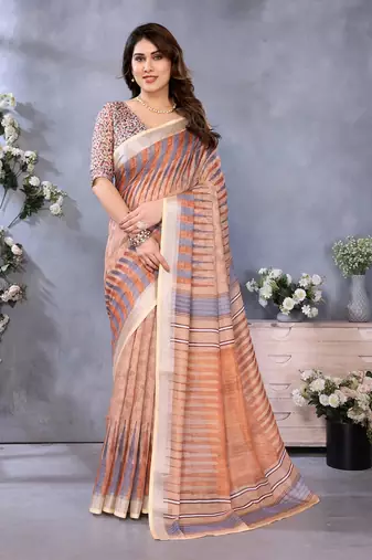 brown digital printed work cotton blend saree