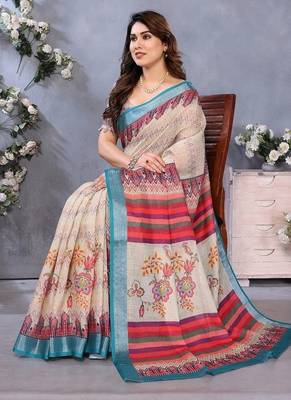 cream color digital printed work cotton blend saree 1