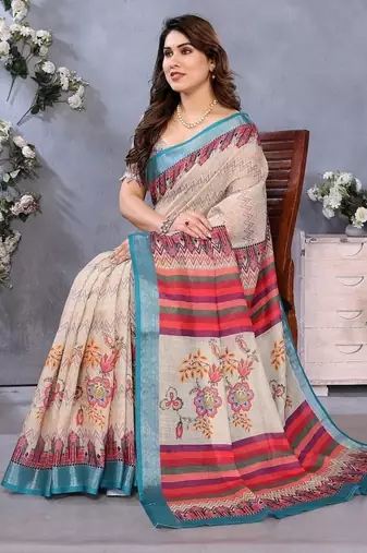 cream color digital printed work cotton blend saree