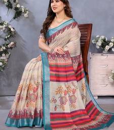 cream color digital printed work cotton blend saree