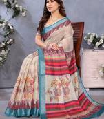 cream color digital printed work cotton blend saree