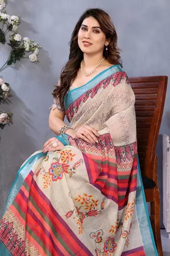 cream color digital printed work cotton blend saree