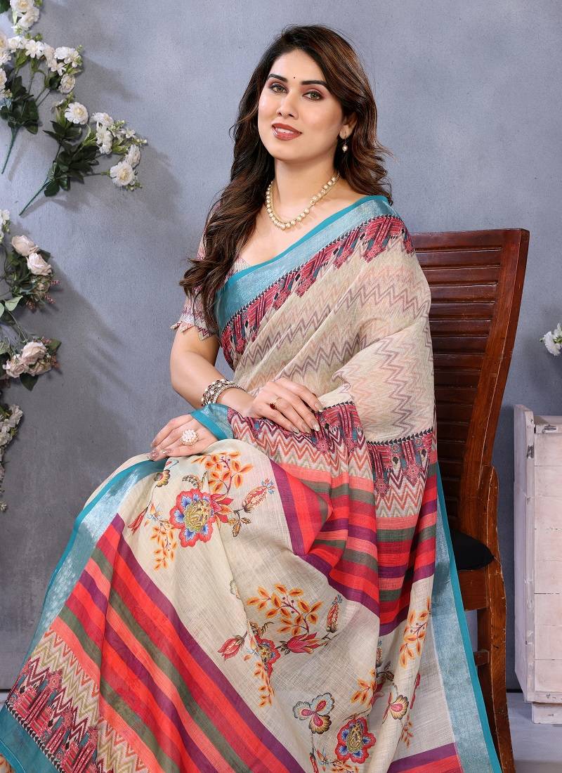cream color digital printed work cotton blend saree