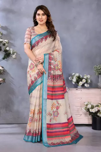 cream color digital printed work cotton blend saree