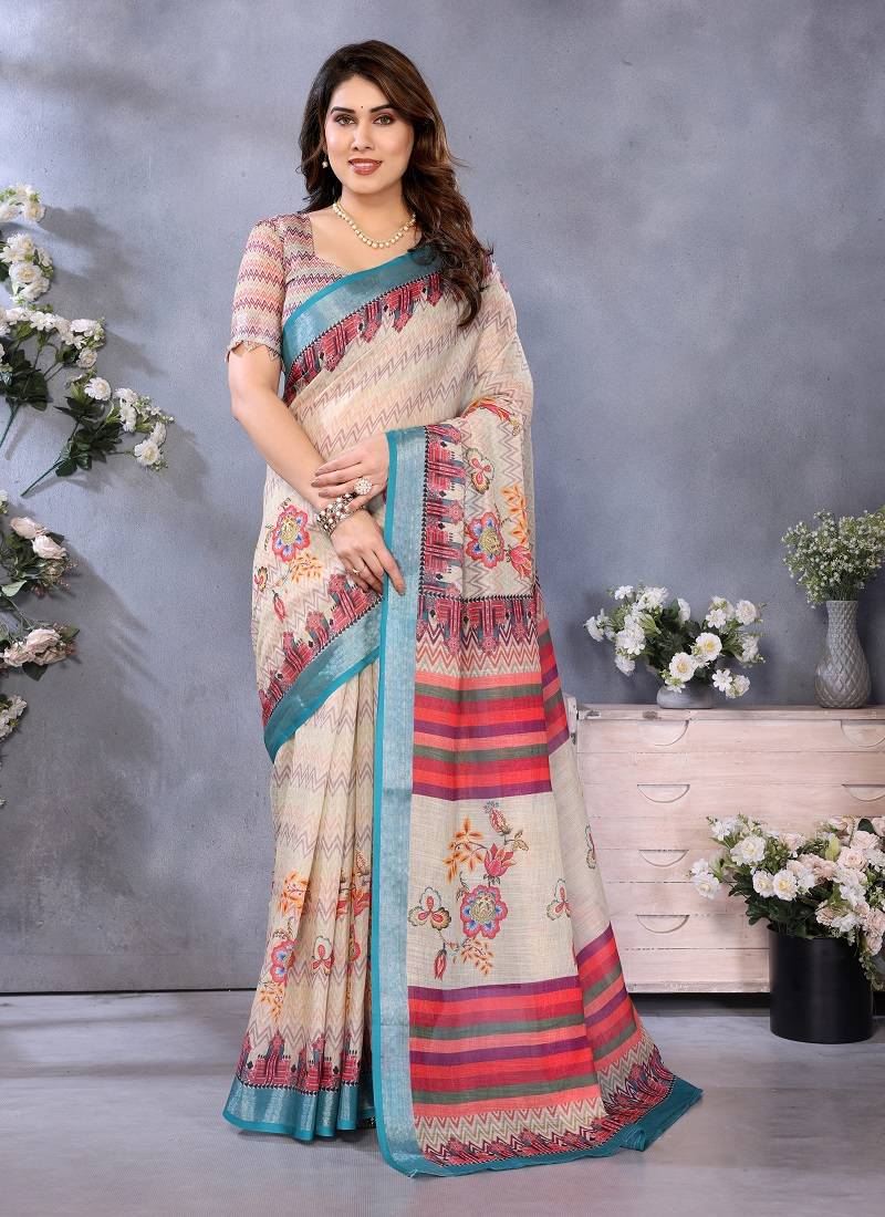 cream color digital printed work cotton blend saree