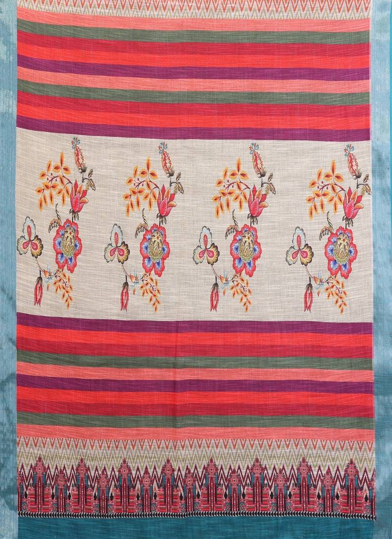 cream color digital printed work cotton blend saree